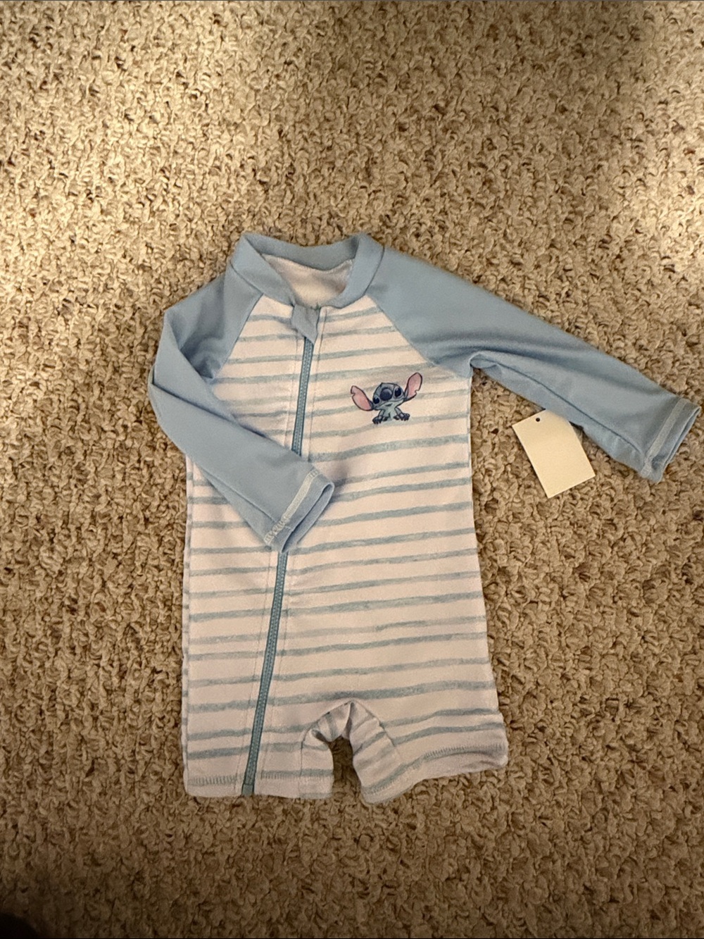 Disney Light Blue and White Striped Rashguard One-Piece with Stitch Patch